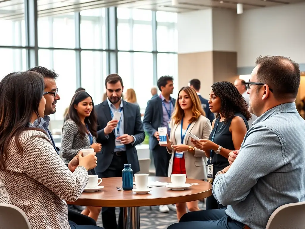 A photograph capturing a diverse group of attendees networking during a coffee break at the UK Innovation Forum 2021.