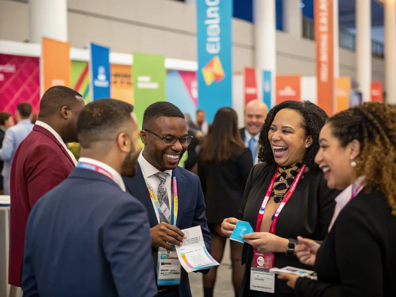 A diverse group of professionals networking at a Futuregrid conference, exchanging business cards and engaging in lively conversation, set against a backdrop of modern tech displays.