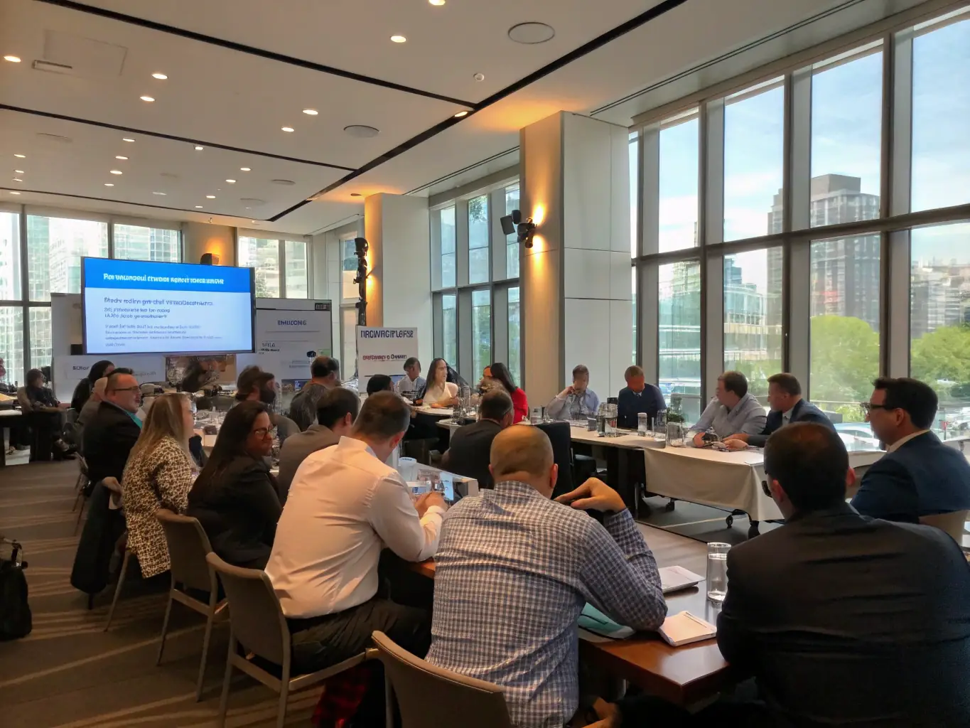 A panel of industry leaders sharing insights and predictions at a Futuregrid conference, with attendees listening attentively and taking notes.